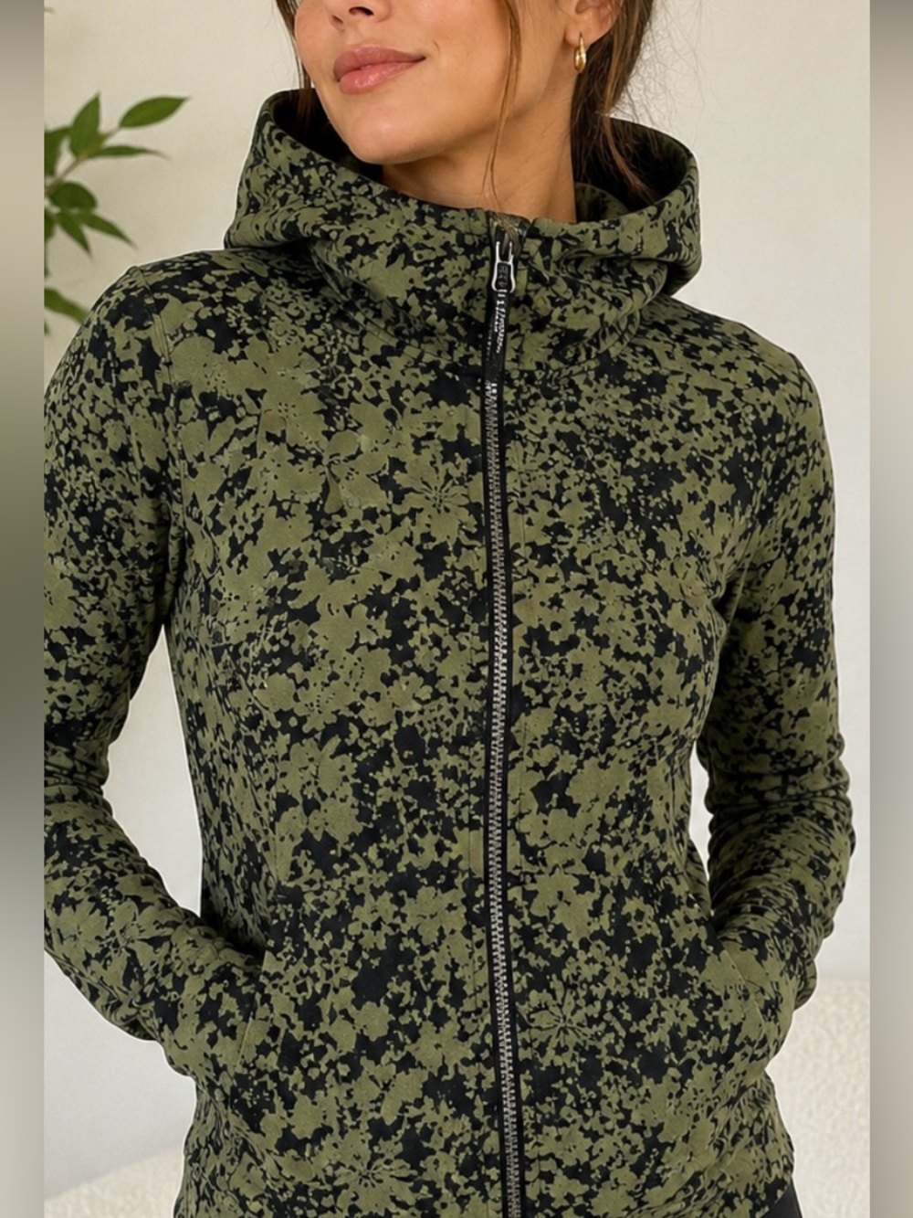 lululemon athletica Ikebana Barracks Scuba Green and Black Floral Zip Hoodie